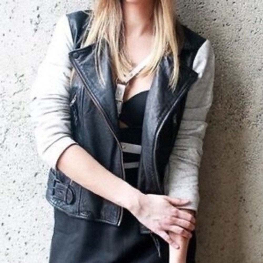 All Saints Albany Moto Jacket Black Leather Gray Sleeves Biker Grunge Size 4 NEW